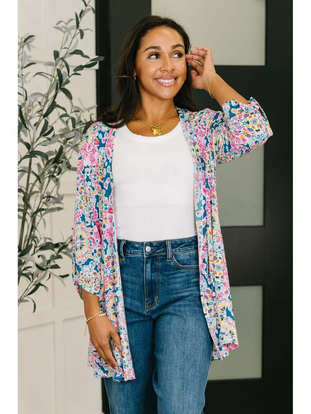 Lizzy Cardigan in Teal and Pink Floral Abstract